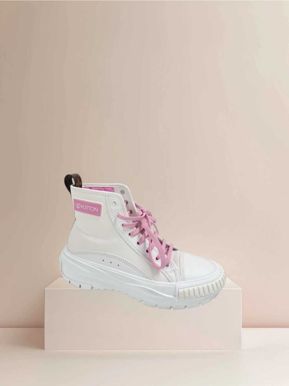 Louis Vuitton White High-Top Squad Sneaker with Pink Accents 37.5